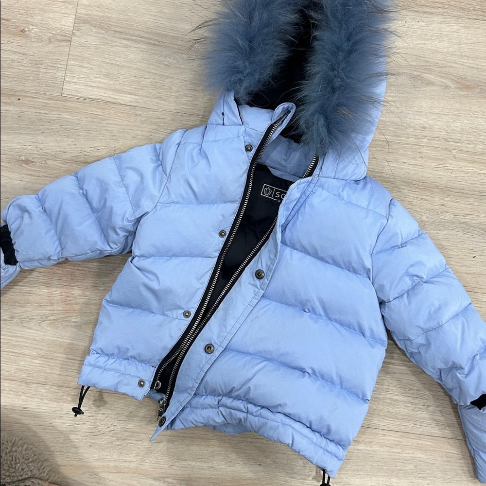 Stylish Kids Light Blue Puffer Jacket with Fur Hood